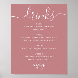 Rose Pink Modern Script Wedding Drinks Bar Menu Poster