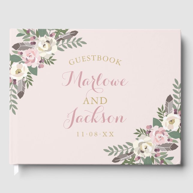 Rose Pink Moody Floral Boho Wedding Guest Book (Front)