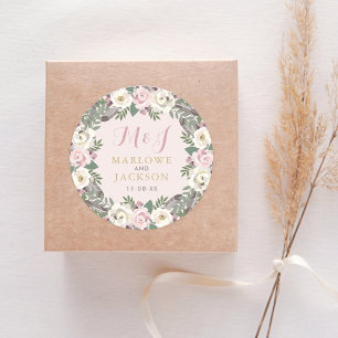 Rose Pink Moody Floral Boho Wedding Monogram Classic Round Sticker