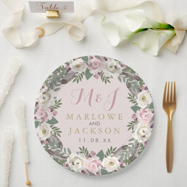 Rose Pink Moody Floral Boho Wedding Monogram Paper Plate (Wedding)