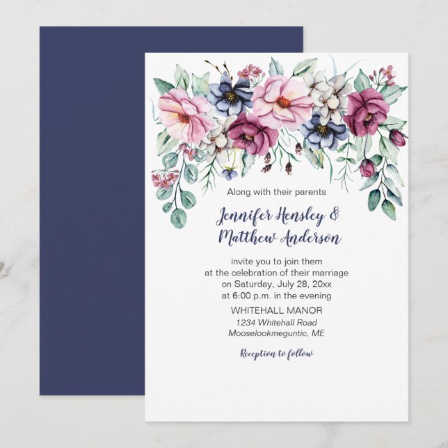 Rose, Pink, Navy Blue Watercolor Floral Drop Invitation (Front/Back)