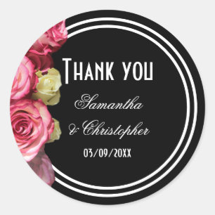 Rose pink on black bridal wedding thank you classic round sticker