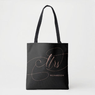 Rose Pink on Black Elegant Calligraphy Mrs Tote Bag