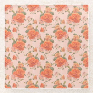 rose pink orange floral pattern wedding spring glass coaster