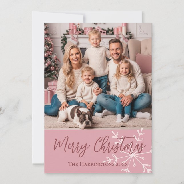 Rose Pink Photo Merry Christmas Script Family Name Holiday Card (Front)