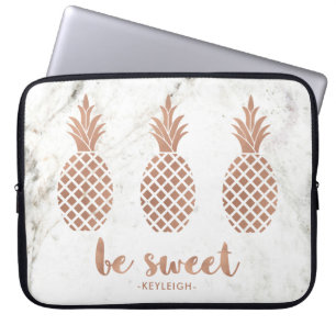 Rose Pink Pineapples on White Marble   Be Sweet Laptop Sleeve