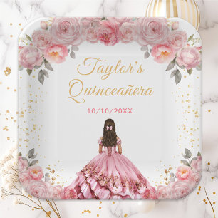Rose Pink Princess Floral Quinceañera Paper Plate