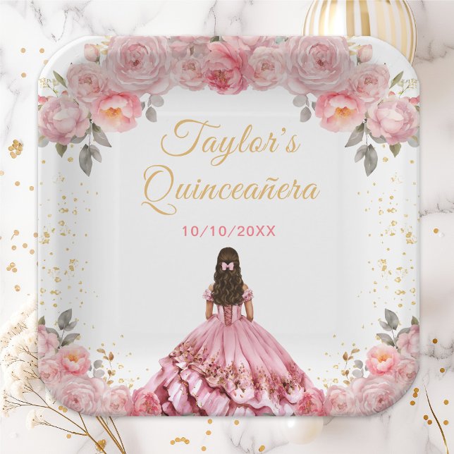 Rose Pink Princess Floral Quinceañera Paper Plate (Creator Uploaded)