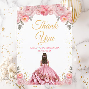 Rose Pink Princess Floral Quinceañera Thank You Card