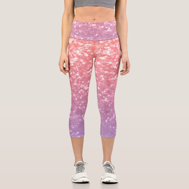 Rose pink purple lavender faux sparkles glitters capri leggings (Front)