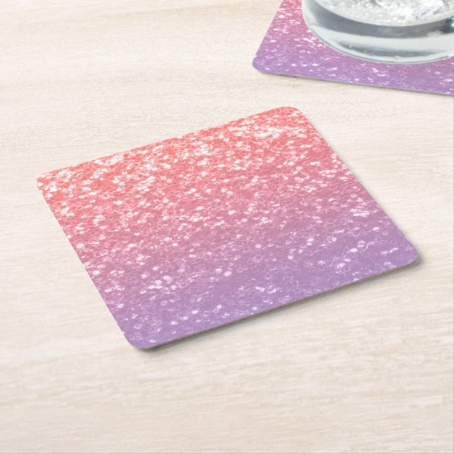 Rose pink purple lavender faux sparkles glitters square paper coaster (Angled)