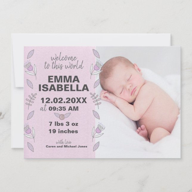 Rose Pink Purple Newborn Baby Girl Floral Photo Save The Date (Front)