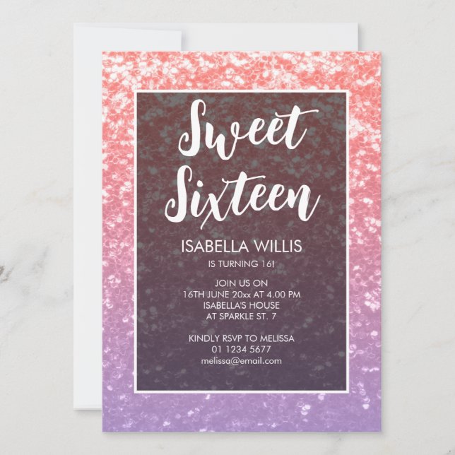 Rose pink purple sparkles Sweet 16 elegant script Invitation (Front)