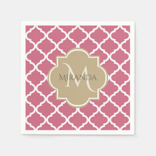 Rose Pink Quatrefoil Pattern With Big Tan Monogram Napkin
