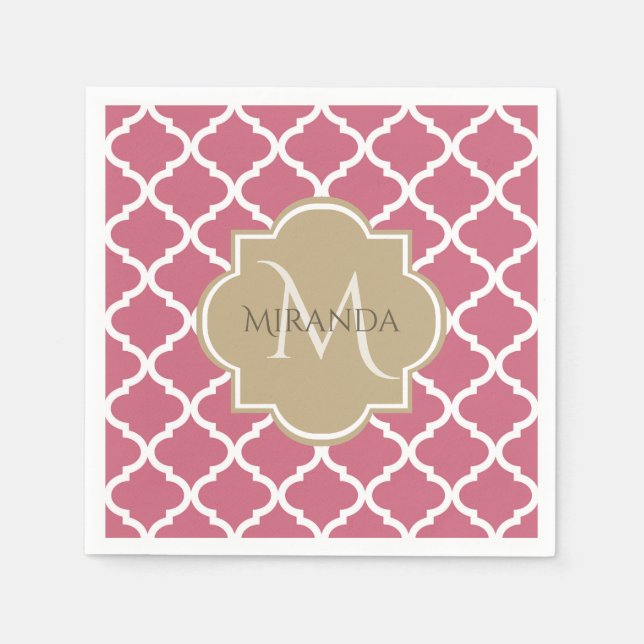 Rose Pink Quatrefoil Pattern With Big Tan Monogram Napkin (Front)