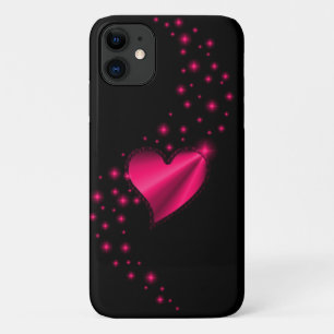 Rose pink Rainbow Heart with Stars on black iPhone 11 Case