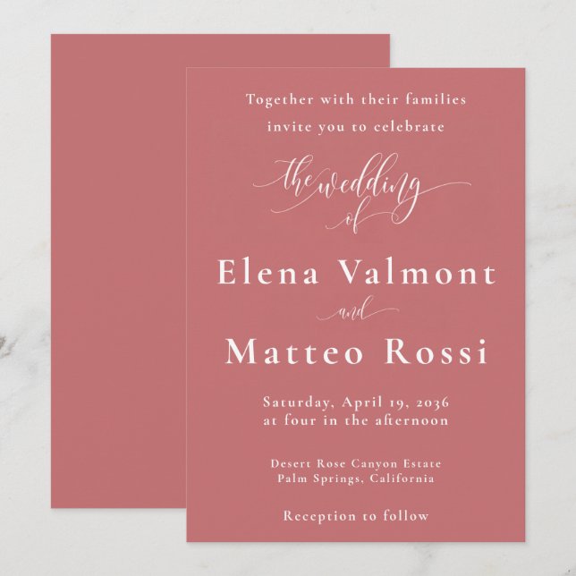 Rose Pink - Romantic Minimalist Wedding Invitation (Front/Back)