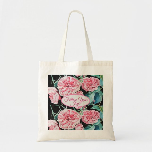 Rose Pink Roses Black floral Cabbage roses Pattern Tote Bag (Front)