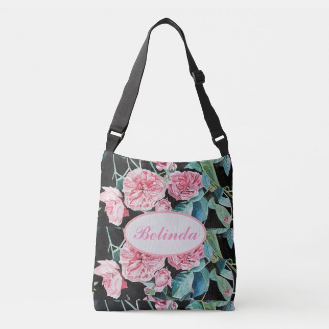 Rose Pink Roses Black floral Watercolor Roses Tote (Front)