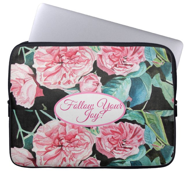 Rose Pink Roses floral Follow Your Joy Pattern Laptop Sleeve (Front)