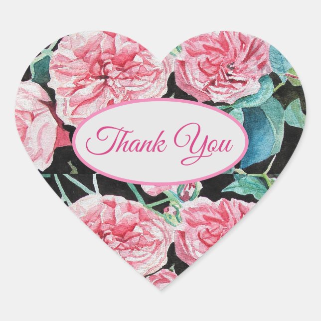Rose Pink Roses floral Thank You Pattern Heart Sticker (Front)
