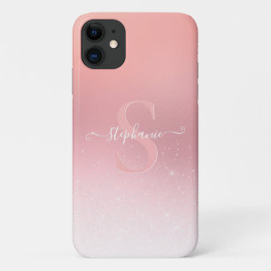 Rose Pink Shimmer Glitter Sparkle Monogrammed iPhone 11 Case