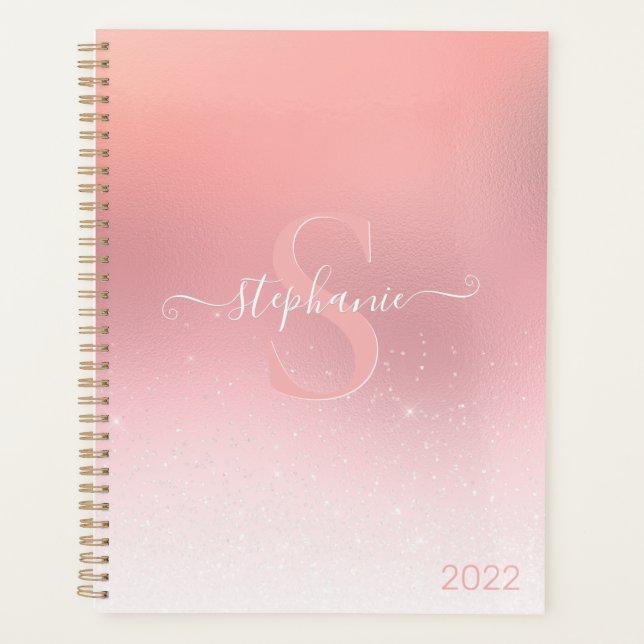 Rose Pink Shimmer Glitter Sparkle Monogrammed Planner (Front)