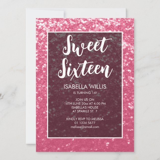Rose pink sparkles Sweet 16 elegant script Invitation (Front)