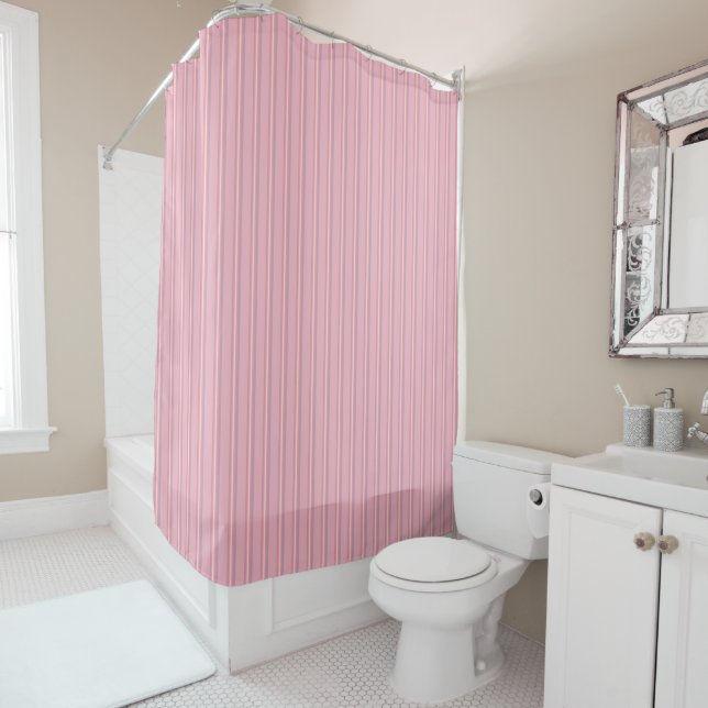 Rose pink stripes on pink, clean design shower curtain (In Situ)
