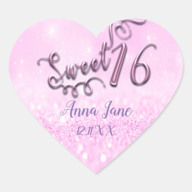 Rose Pink Sweet 16th  Bridal Heart Name Date Heart Sticker (Front)
