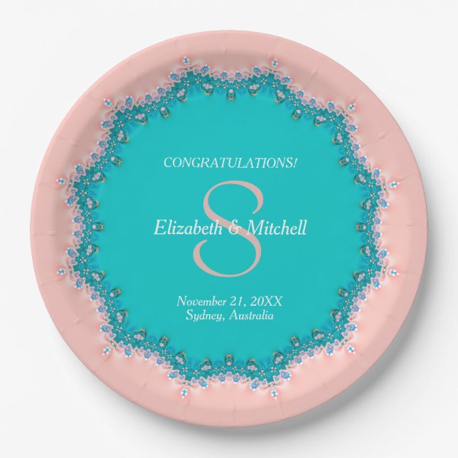 Rose Pink + Teal Lace Wedding Party Paper Plate (Front)