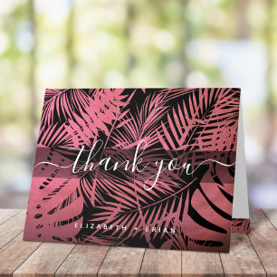 Rose pink tropical palm leaf pattern script name thank you card