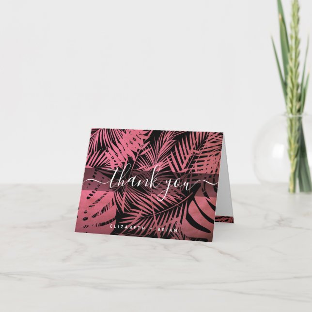 Rose pink tropical palm leaf pattern script name thank you card (Front)