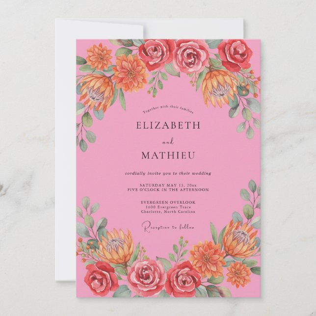 Rose Pink Vibrant Floral Wedding Invitation (Front)