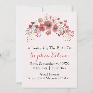 Rose Pink Watercolor Baby Girl Birth Announcement