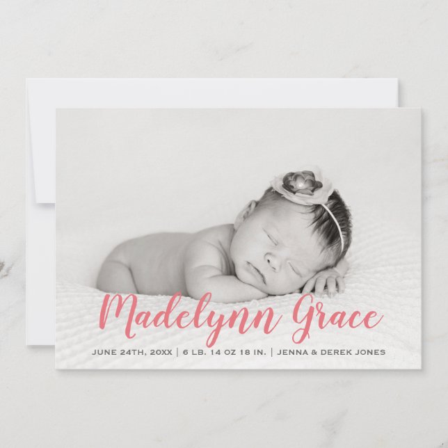 Rose Pink Watercolor Girl Photo Birth Announcement (Front)