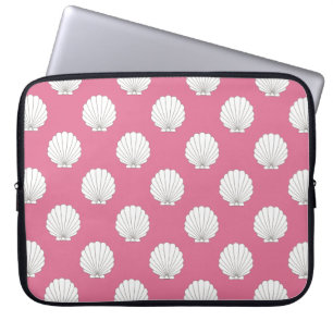Rose Pink   White Clamshells Seashells Pattern Laptop Sleeve
