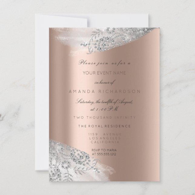 Rose Pink White Sweet 16th Bridal Silver Grey Invitation (Front)