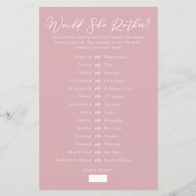 Rose Pink Would She Rather Bridal Shower Game (Front)