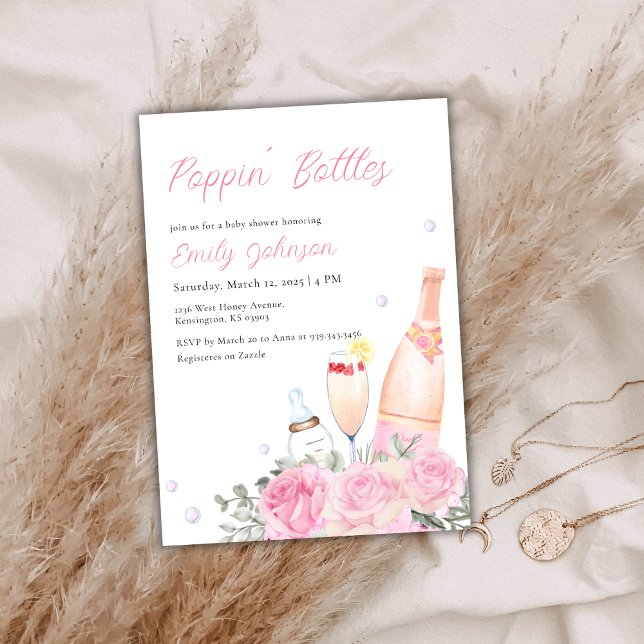 Rose Poppin Bottles Champagne Girl Baby Shower  Invitation (Rose Poppin Bottles Champagne Girl Baby Shower Invitation)