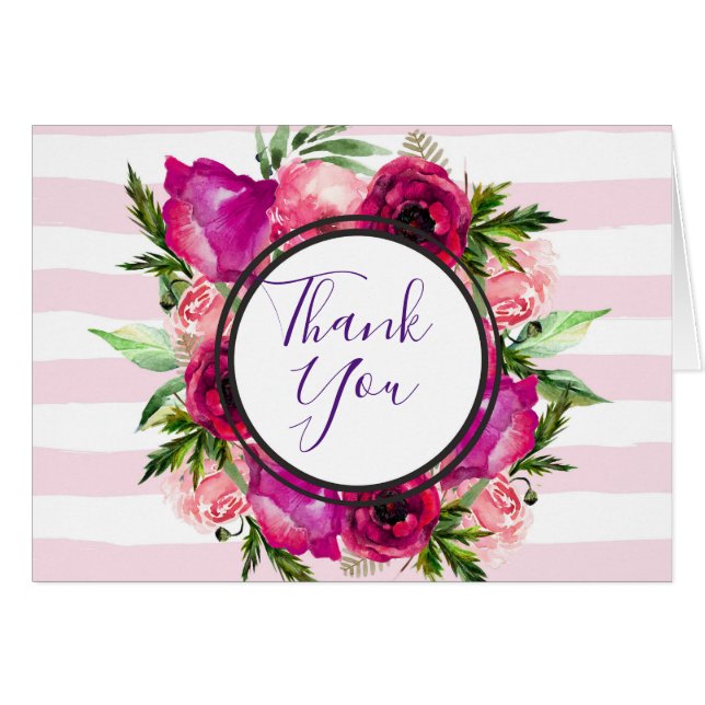 Rose & Poppy Floral Bouquet w/ Pink Stripes Thanks (Front Horizontal)