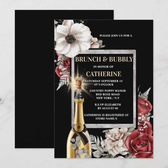 Rose poppy flower red white botanical bubbly invitation (Front/Back)