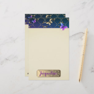 Rose Purple Butterflies w/Name  Stationery