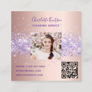 Rose purple dust cleaning service photo qr code square business card