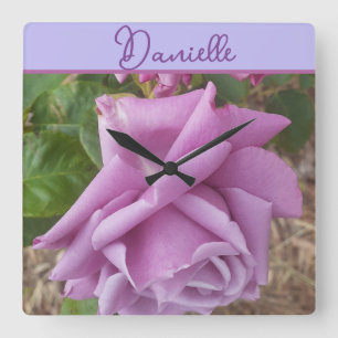 Rose Purple Flower floral Girls Name Birthday Square Wall Clock