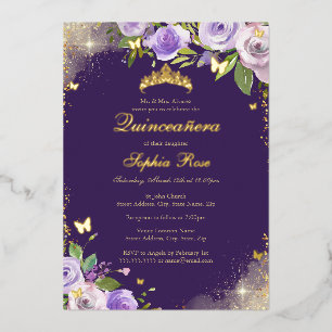 Rose Purple Gold Butterfly Floral Quinceanera