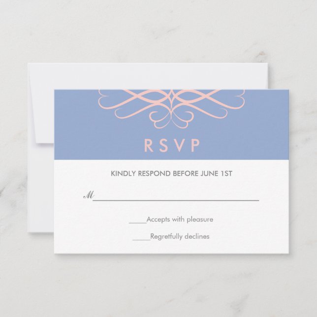 Rose Quartz and Blue, Elegant Flourishes Wedding RSVP Card (Front)