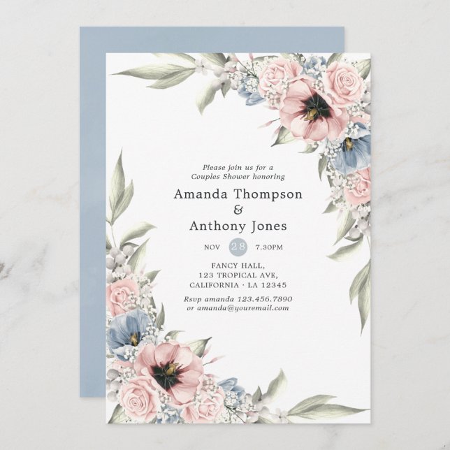 Rose Quartz and Serenity Floral Couples Shower Invitation (Front/Back)