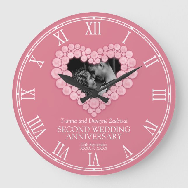Rose quartz beaded heart pink wedding anniversary large clock (Front)