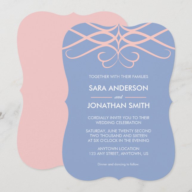 Rose Quartz & Blue, Elegant Flourishes Wedding Invitation (Front/Back)